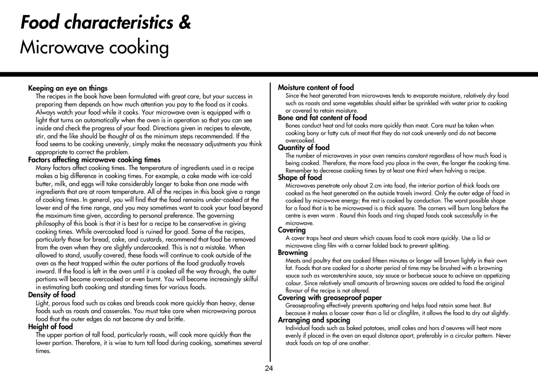 LG Electronics MH-6047G, MH-6048SS, MH-6047C instruction manual Food characteristics & Microwave cooking 