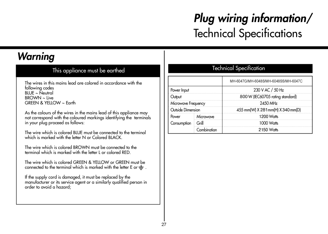 LG Electronics MH-6047C, MH-6047G, MH-6048SS Power Input, Output, Microwave Frequency, Outside Dimension, Combination Watts 