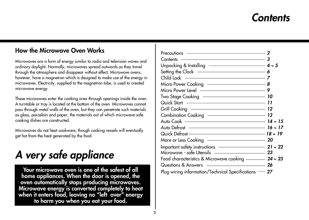 LG Electronics MH-6047C, MH-6047G, MH-6048SS instruction manual Very safe appliance, Contents 