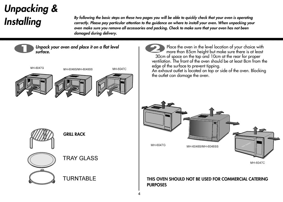 LG Electronics MH-6047G, MH-6048SS, MH-6047C instruction manual Unpacking & Installing, Tray Glass Turntable 