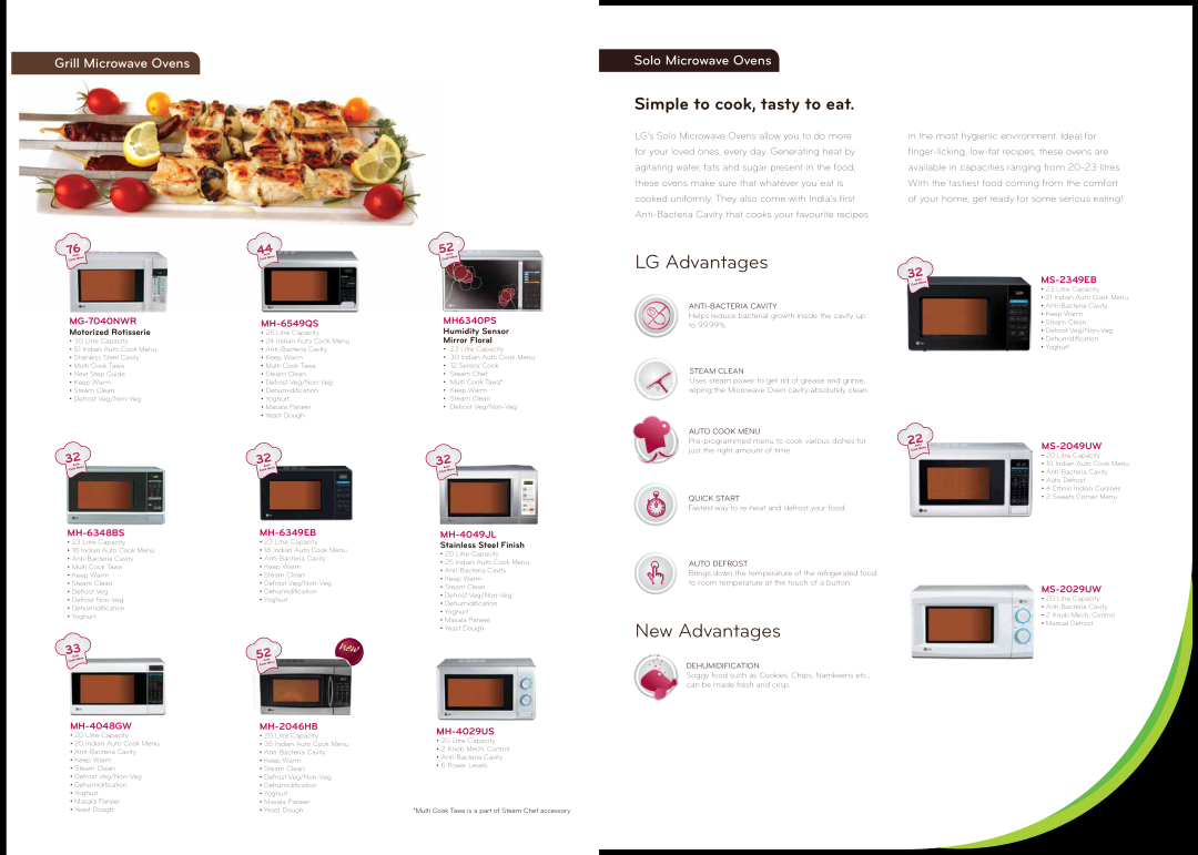 LG Electronics MJ3281BCG manual Simple to cook, tasty to eat, Solo Microwave Ovens, LG Advantages, New Advantages 
