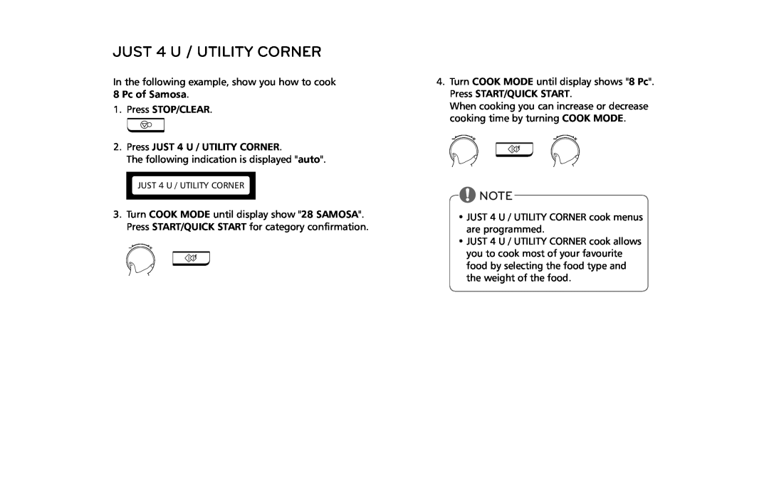 LG Electronics MJ3281CG owner manual Press JUST 4 U / UTILITY CORNER, Press STOP/CLEAR 