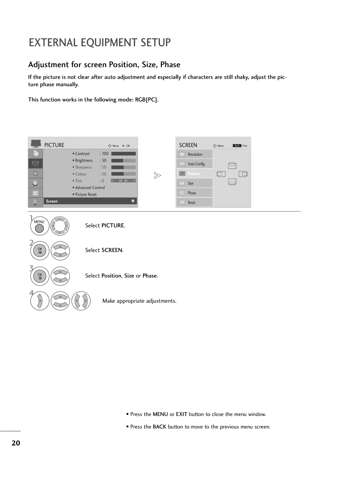 LG Electronics MM22009944DD, MM11999944DD, MM22229944DD owner manual Adjustment for screen Position, Size, Phase 