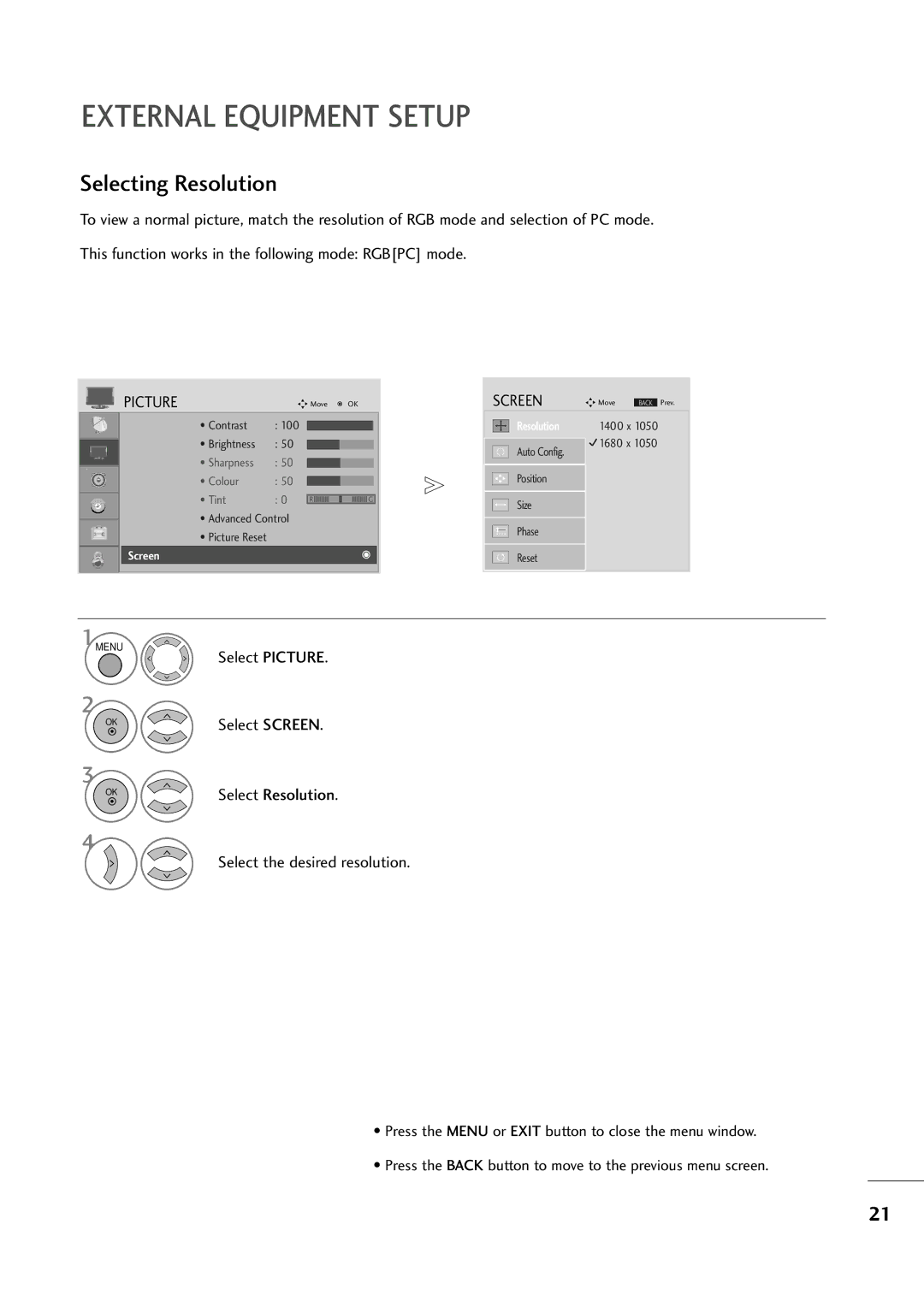 LG Electronics MM11999944DD, MM22009944DD, MM22229944DD owner manual Selecting Resolution, Select the desired resolution 