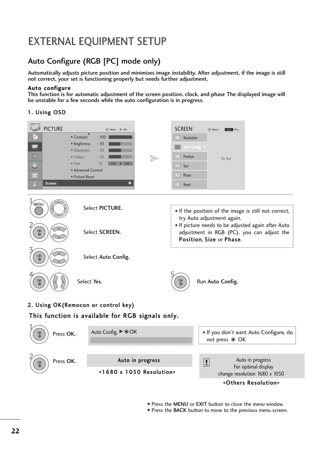 LG Electronics MM22229944DD, MM22009944DD, MM11999944DD owner manual Auto Configure RGB PC mode only, Others Resolution 