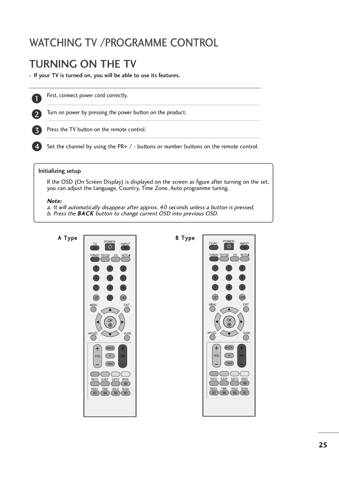 LG Electronics MM22229944DD, MM22009944DD, MM11999944DD owner manual Turning on the TV, Initializing setup 