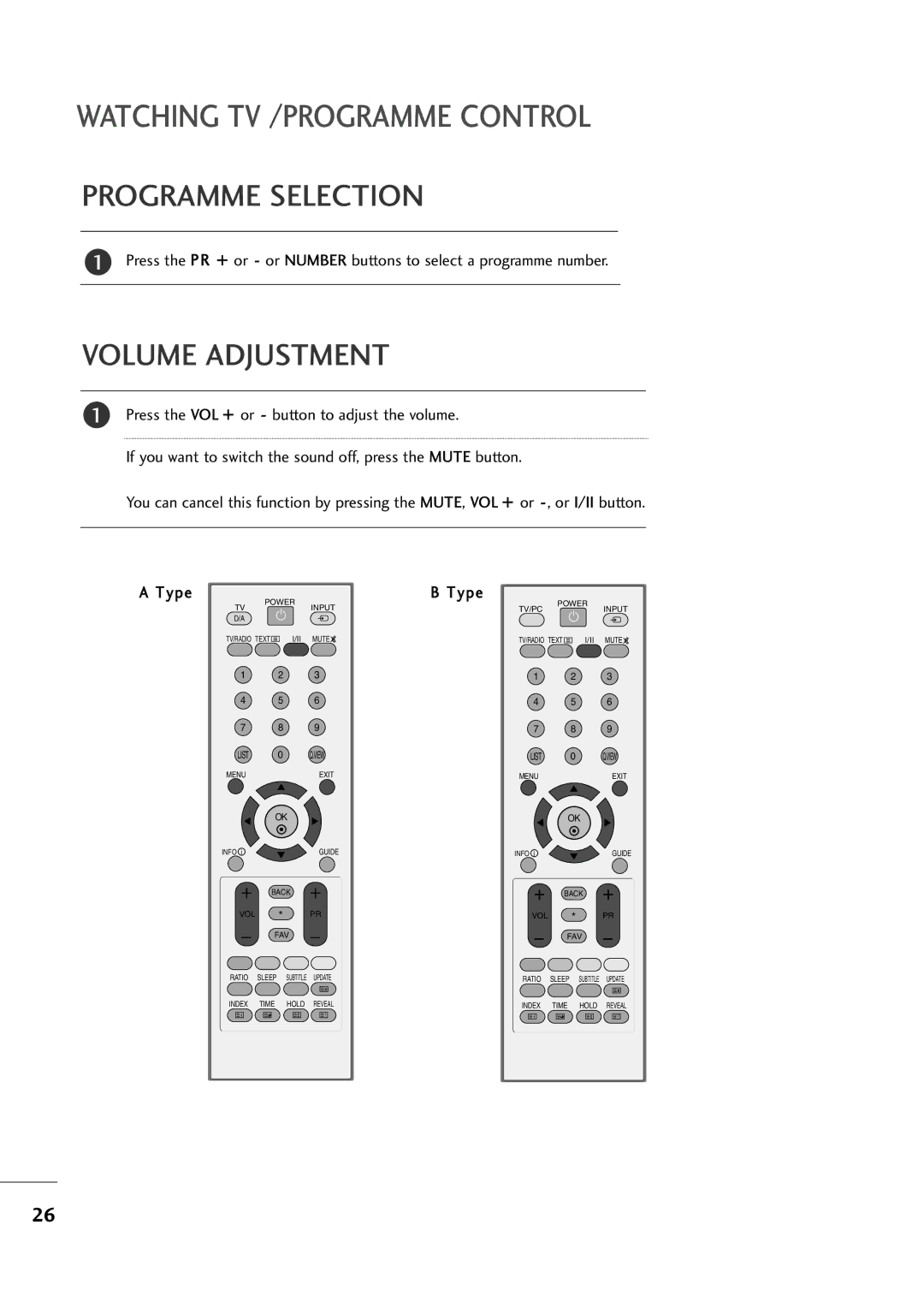 LG Electronics MM22009944DD, MM11999944DD, MM22229944DD owner manual Programme Selection, Volume Adjustment 