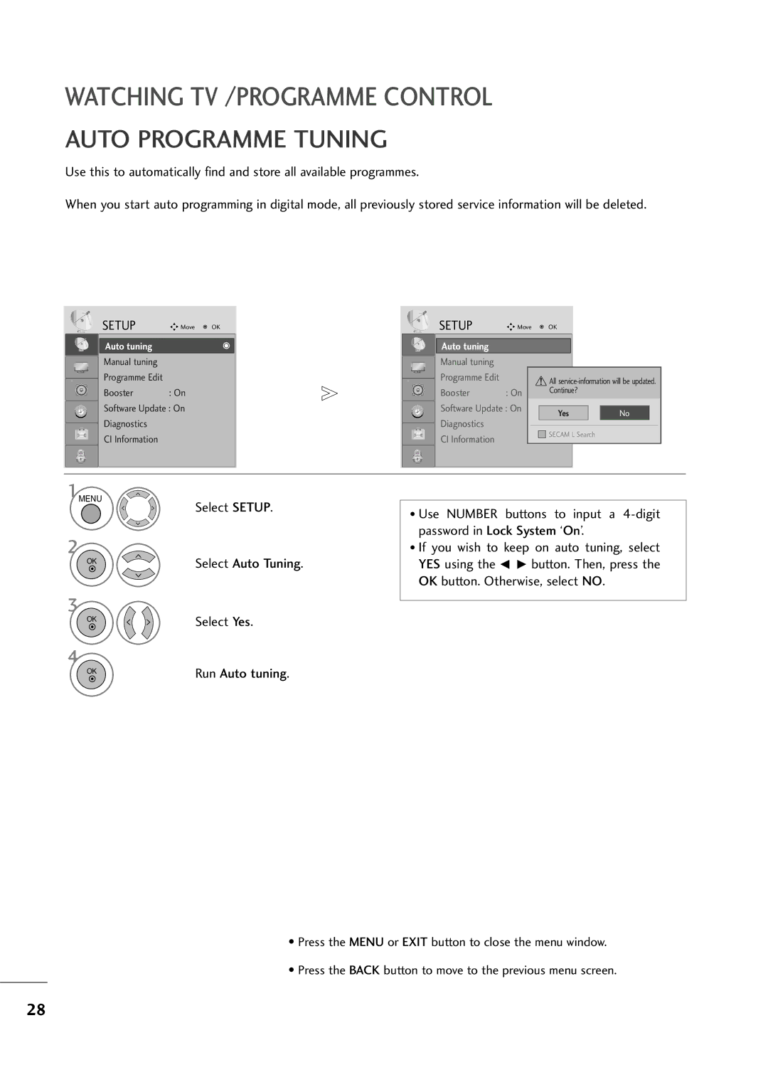 LG Electronics MM22229944DD, MM22009944DD, MM11999944DD owner manual Auto Programme Tuning, Select Setup 