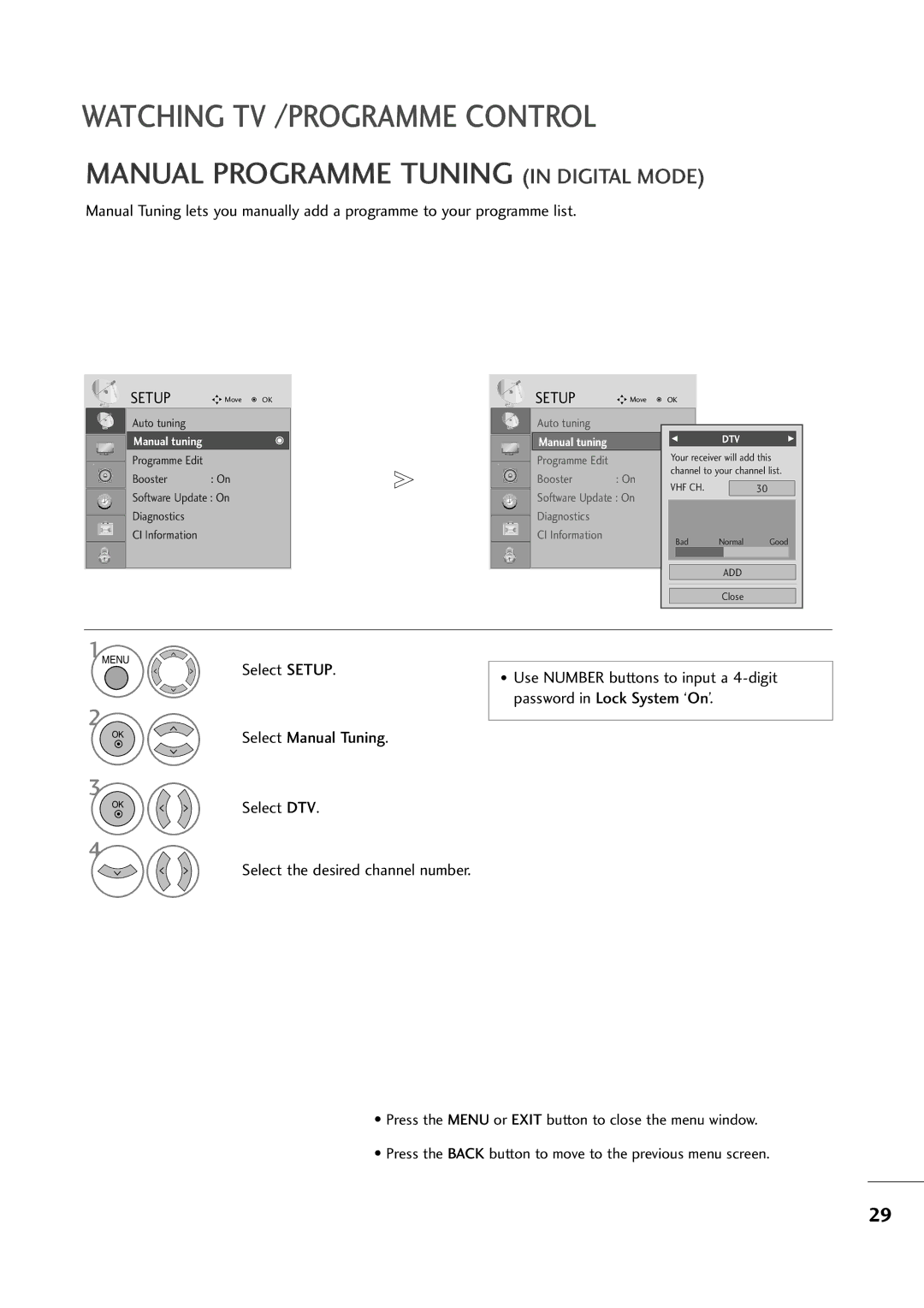 LG Electronics MM22009944DD, MM11999944DD Manual Programme Tuning in Digital Mode, Select the desired channel number 