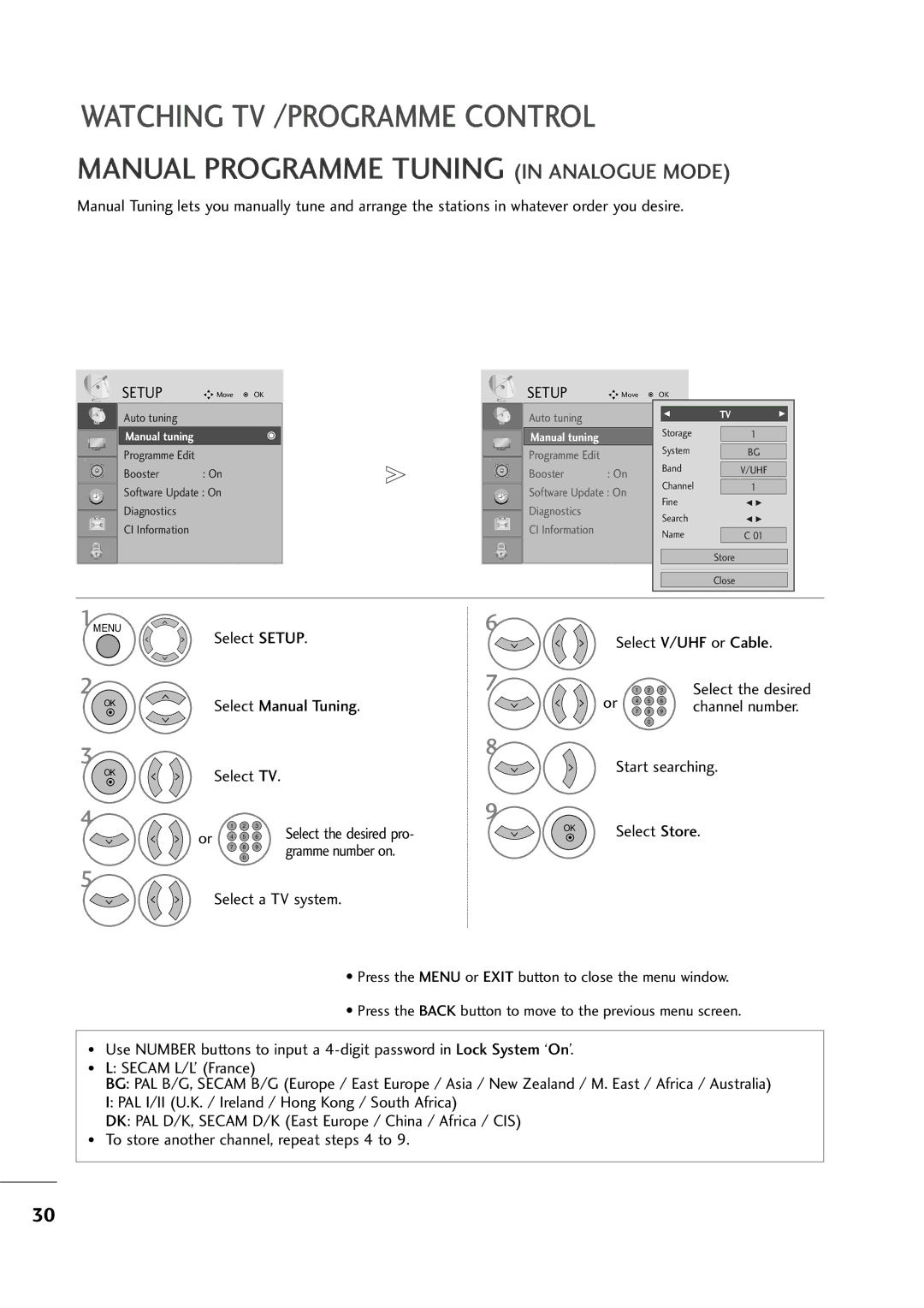 LG Electronics MM11999944DD, MM22009944DD, MM22229944DD owner manual Manual Programme Tuning in Analogue Mode 