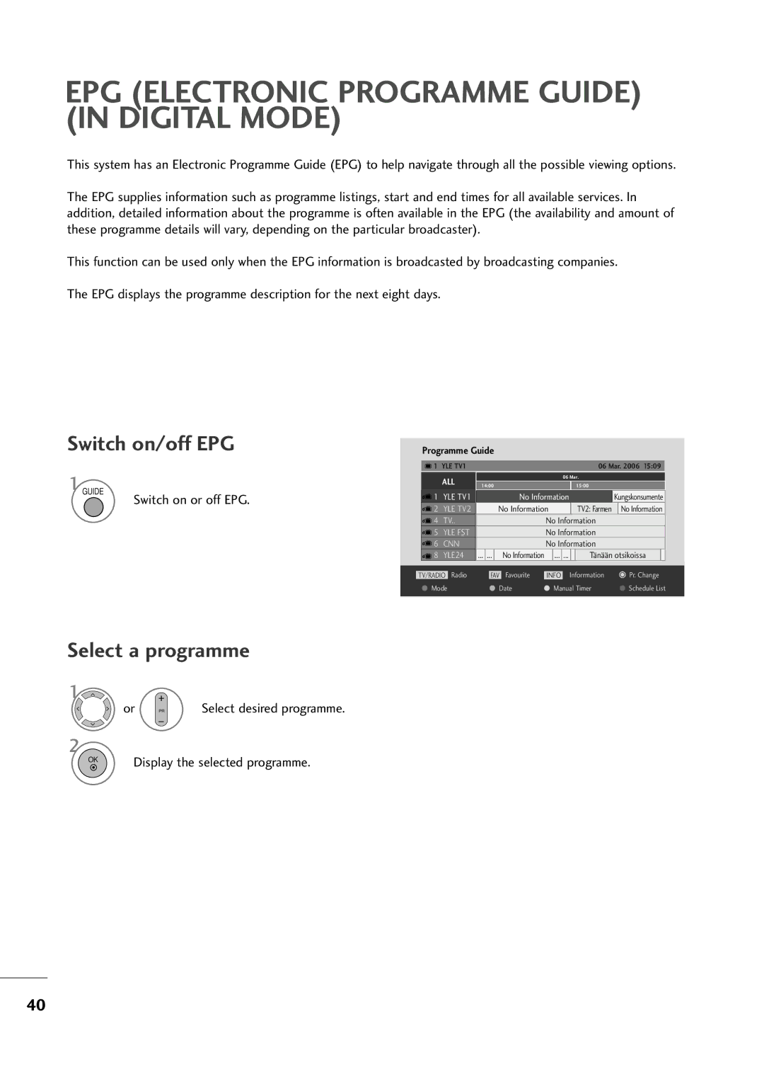 LG Electronics MM22229944DD Switch on/off EPG, Select a programme, Switch on or off EPG, Or PR Select desired programme 