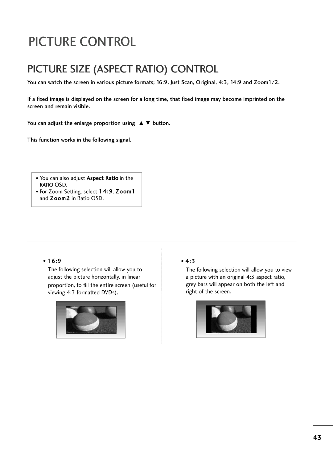 LG Electronics MM22229944DD, MM22009944DD, MM11999944DD owner manual Picture Control, Picture Size Aspect Ratio Control 