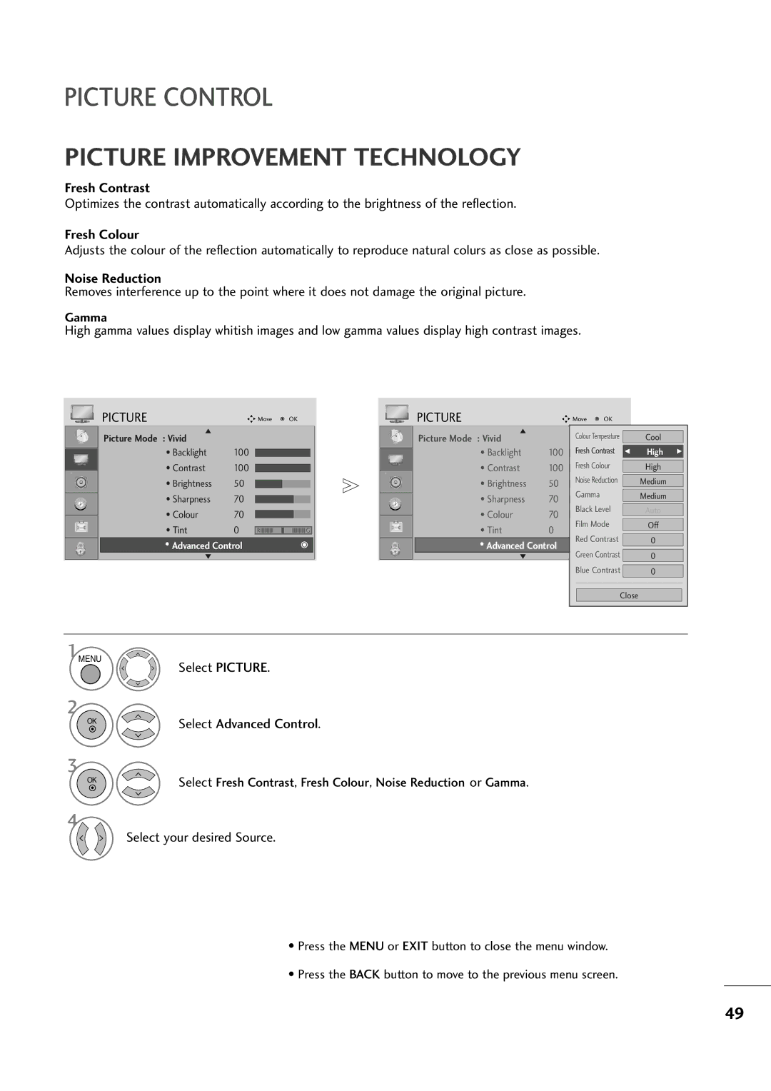 LG Electronics MM22229944DD, MM22009944DD, MM11999944DD Select Picture Select Advanced Control, Select your desired Source 