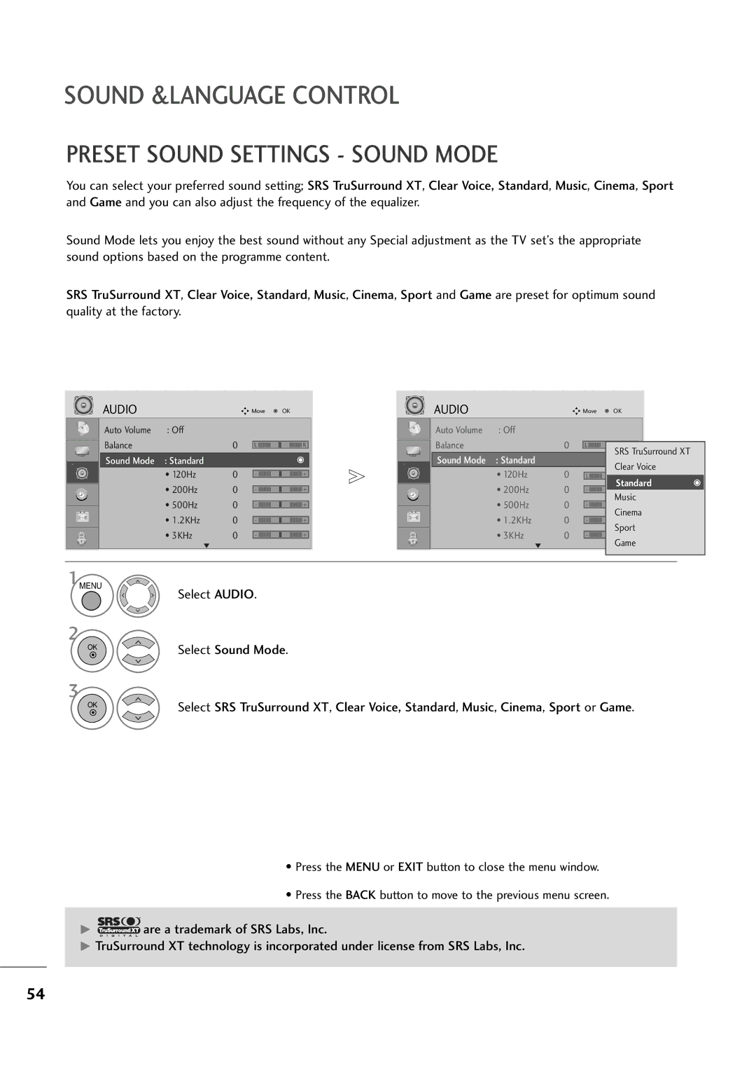 LG Electronics MM11999944DD, MM22009944DD Sound &LANGUAGE Control, Preset Sound Settings Sound Mode, Select Audio 