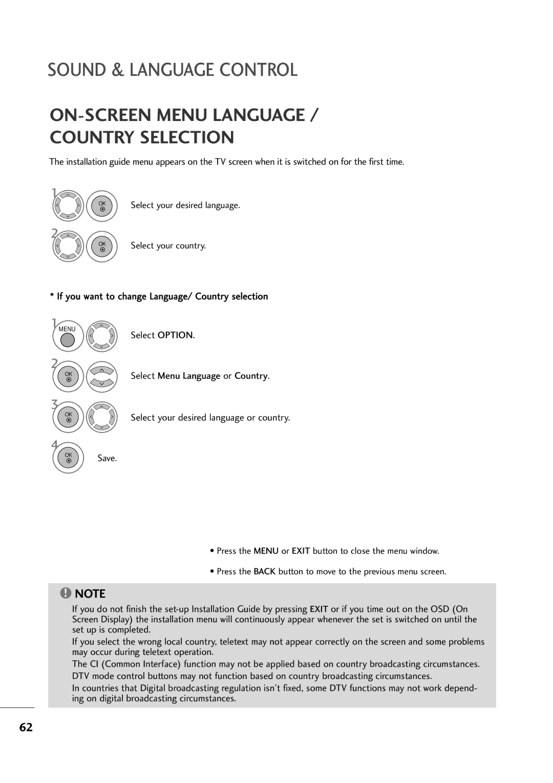 LG Electronics MM22009944DD Sound & Language Control, If you want to change Language/ Country selection, Select Option 