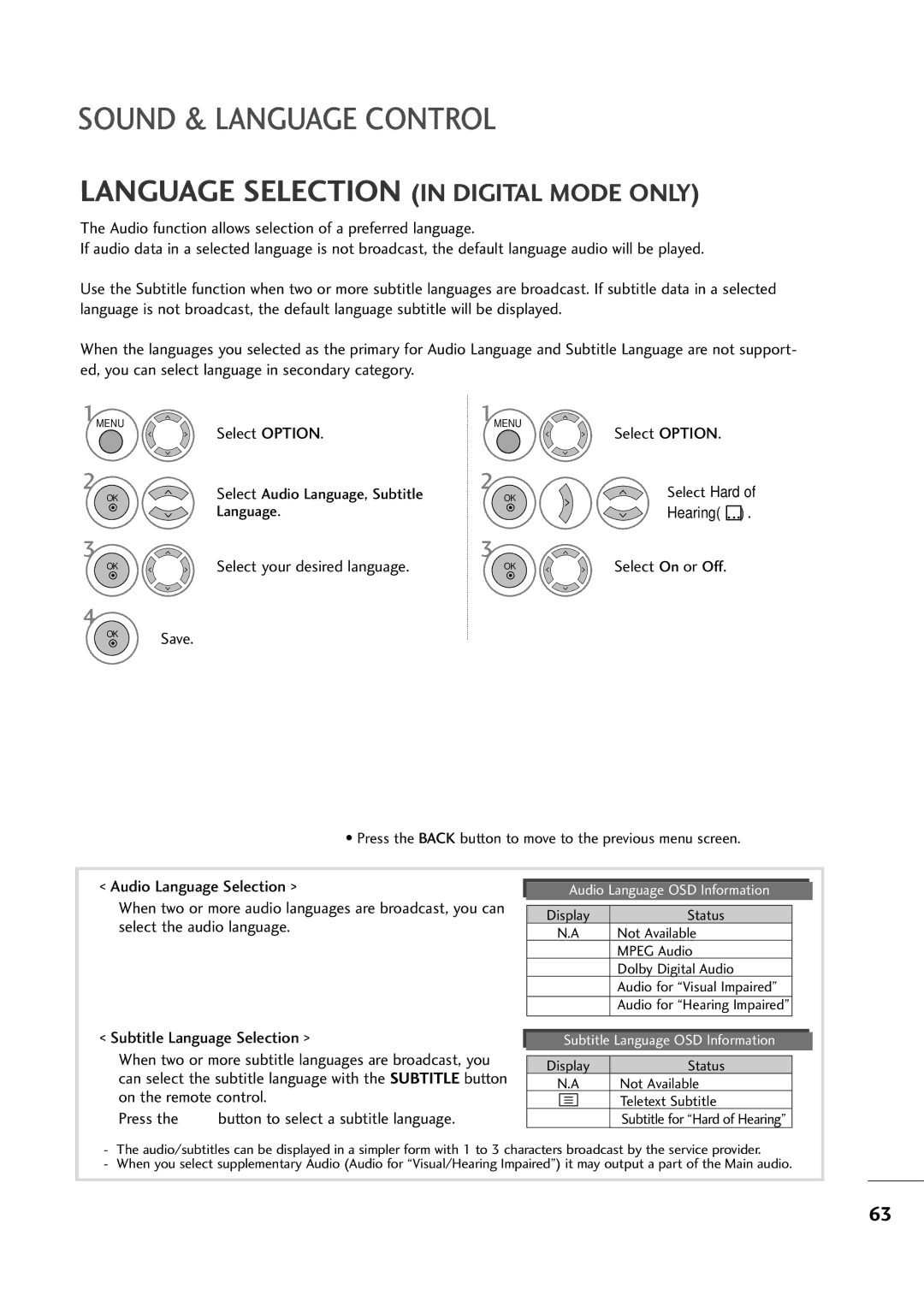 LG Electronics MM11999944DD, MM22009944DD Select your desired language OKSave Select On or Off, Audio Language Selection 