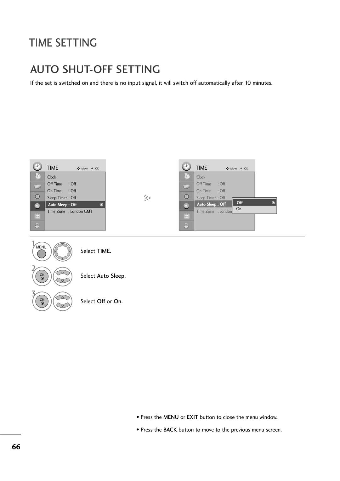 LG Electronics MM11999944DD, MM22009944DD, MM22229944DD owner manual Auto SHUT-OFF Setting, Select Off or On 