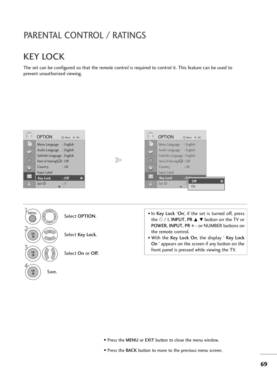 LG Electronics MM11999944DD, MM22009944DD, MM22229944DD owner manual Parental Control / Ratings, KEY Lock 