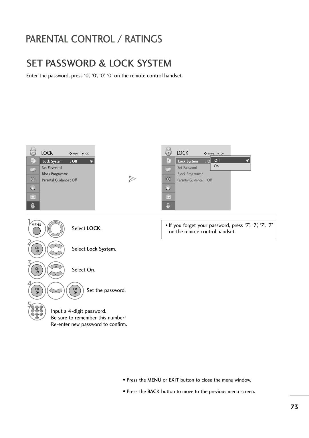 LG Electronics MM22229944DD owner manual SET Password & Lock System, Select Lock System Select On, Input a 4-digit password 