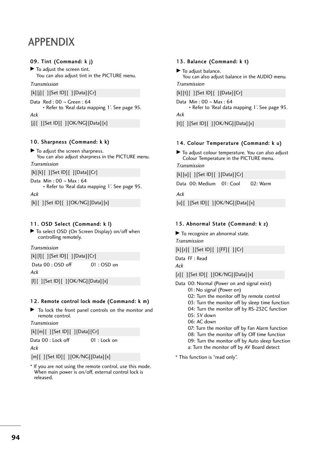 LG Electronics MM22229944DD, MM22009944DD, MM11999944DD owner manual Kl Set ID DataCr Data 00 OSD off 