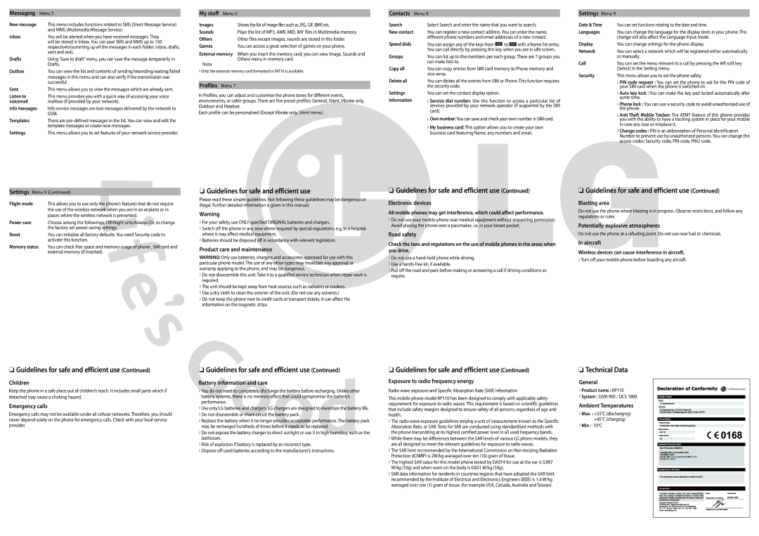 LG Electronics MMBB0000000(1.0) manual Guidelines for safe and efficient use, Technical Data 