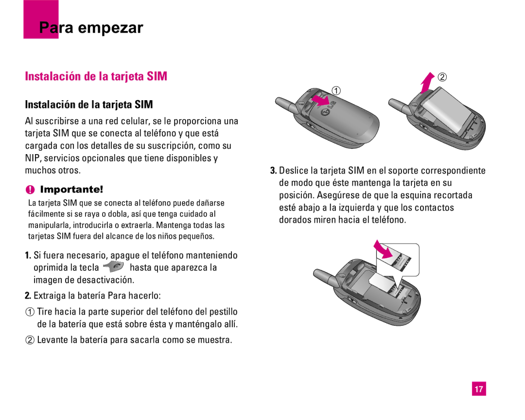 LG Electronics MMBB0234601 manual Para empezar, Instalación de la tarjeta SIM, Importante 