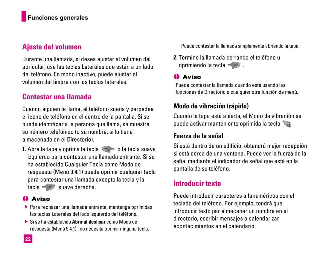 LG Electronics MMBB0234601 manual Ajuste del volumen, Contestar una llamada, Introducir texto, Modo de vibración rápido 