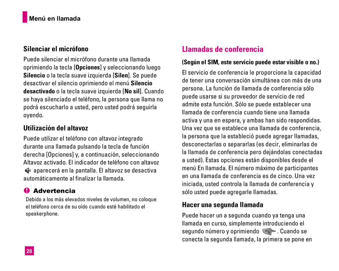 LG Electronics MMBB0234601 manual Llamadas de conferencia, Silenciar el micrófono, Utilización del altavoz, Menú en llamada 