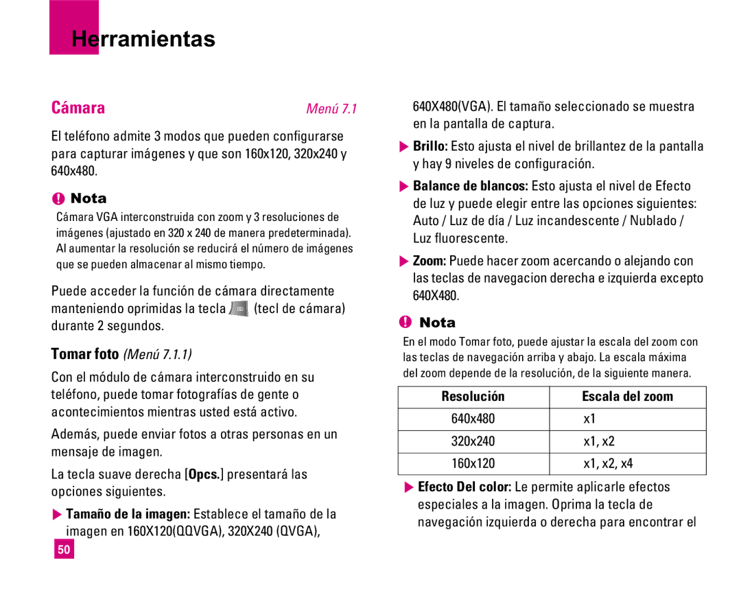 LG Electronics MMBB0234601 manual Herramientas, Cámara, Resolución Escala del zoom 