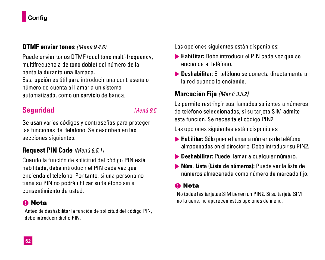 LG Electronics MMBB0234601 manual Seguridad, Dtmf enviar tonos Menú, Request PIN Code Menú, Marcación Fija Menú 