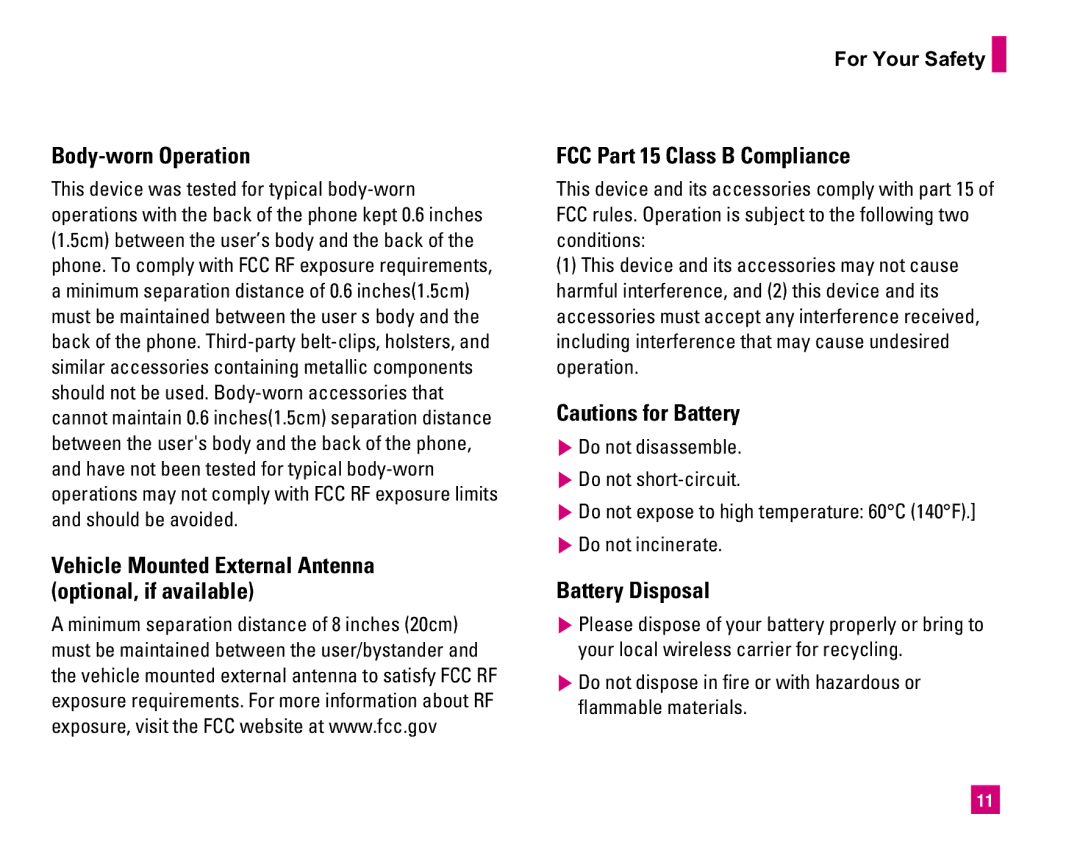 LG Electronics MMBB0234601 Body-worn Operation, Vehicle Mounted External Antenna optional, if available, Battery Disposal 