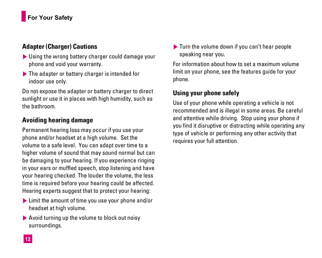 LG Electronics MMBB0234601 manual Adapter Charger Cautions, Avoiding hearing damage, Using your phone safely 