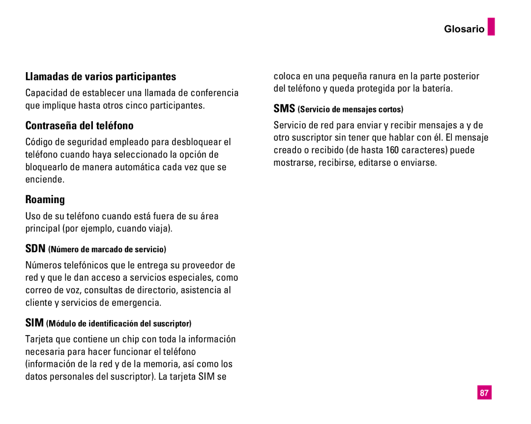 LG Electronics MMBB0234601 manual Llamadas de varios participantes, Contraseña del teléfono, Glosario 