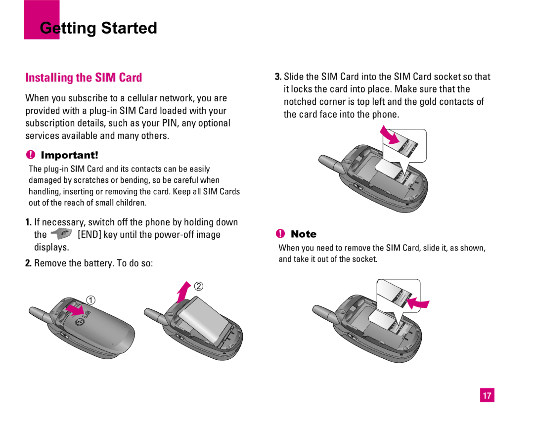 LG Electronics MMBB0234601 manual Getting Started, Installing the SIM Card 