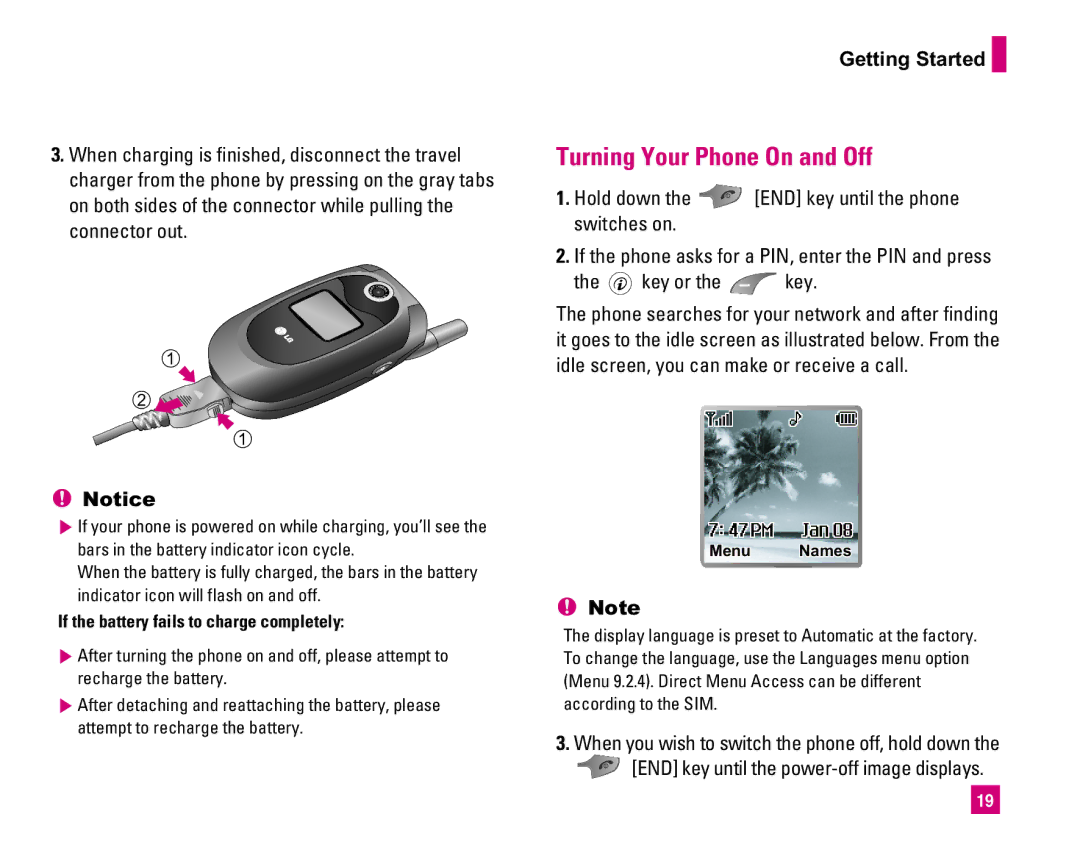 LG Electronics MMBB0234601 manual Turning Your Phone On and Off, If the battery fails to charge completely 