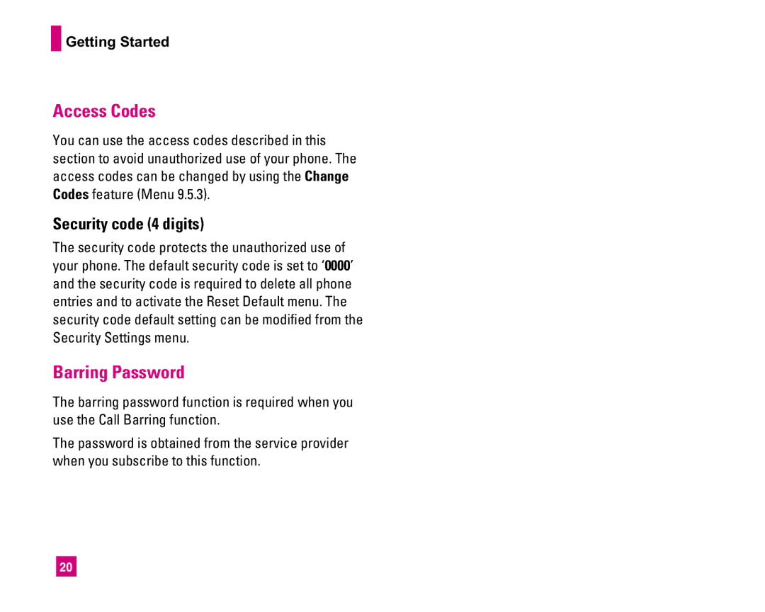 LG Electronics MMBB0234601 manual Access Codes, Barring Password, Security code 4 digits 