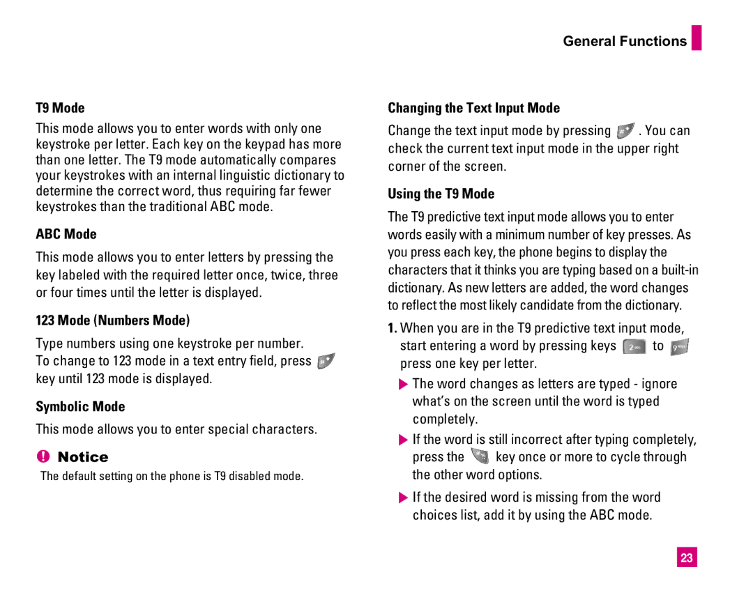 LG Electronics MMBB0234601 manual ABC Mode, Mode Numbers Mode, Symbolic Mode, Using the T9 Mode 