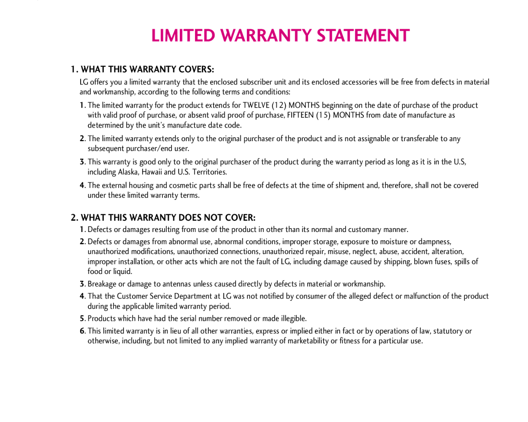 LG Electronics MMBB0234601 manual Limited Warranty Statement 