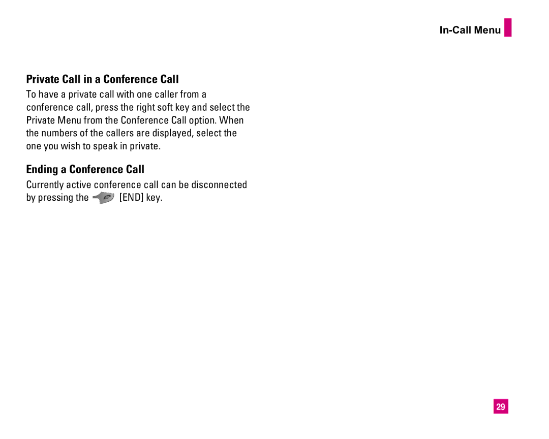 LG Electronics MMBB0234601 manual Private Call in a Conference Call, Ending a Conference Call 