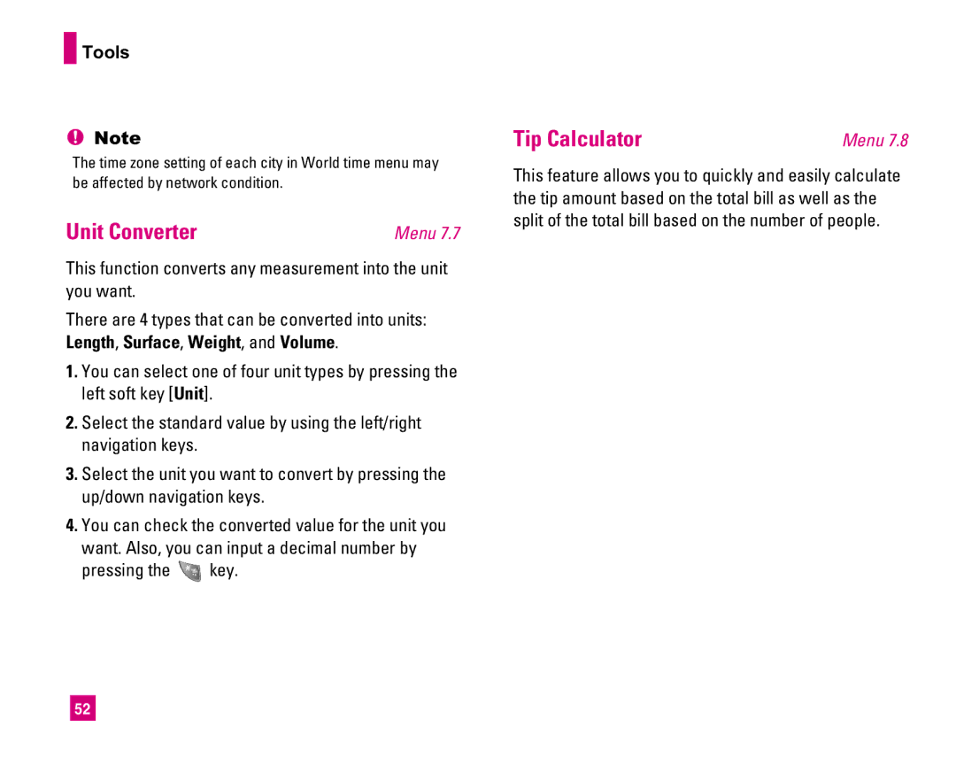 LG Electronics MMBB0234601 manual Unit Converter, Tip Calculator, Pressing the key 