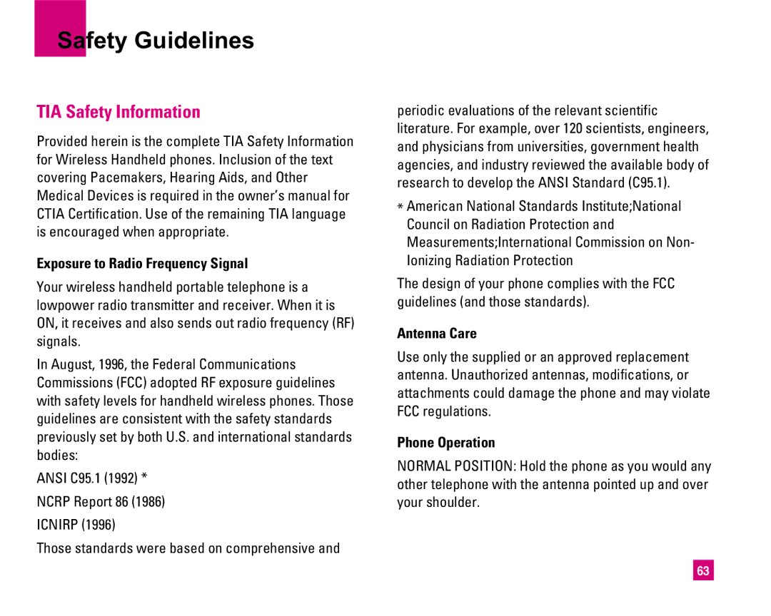 LG Electronics MMBB0234601 Safety Guidelines, TIA Safety Information, Exposure to Radio Frequency Signal, Antenna Care 