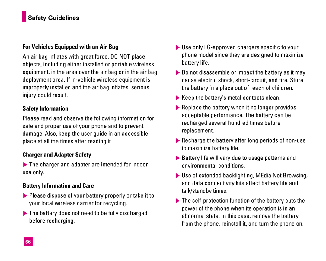 LG Electronics MMBB0234601 manual Safety Guidelines For Vehicles Equipped with an Air Bag, Safety Information 