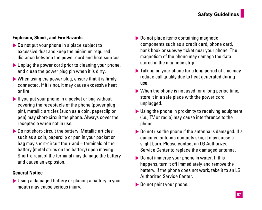 LG Electronics MMBB0234601 manual Explosion, Shock, and Fire Hazards, General Notice, Safety Guidelines 