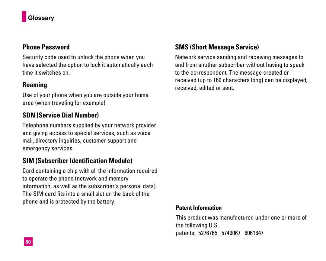 LG Electronics MMBB0234601 manual Phone Password, Roaming, SDN Service Dial Number, SIM Subscriber Identification Module 