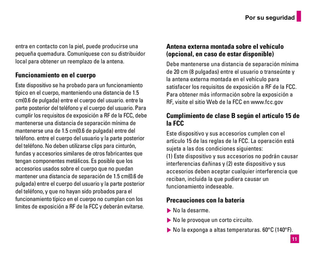 LG Electronics MMBB0234601 manual Funcionamiento en el cuerpo, Cumplimiento de clase B según el artículo 15 de la FCC 