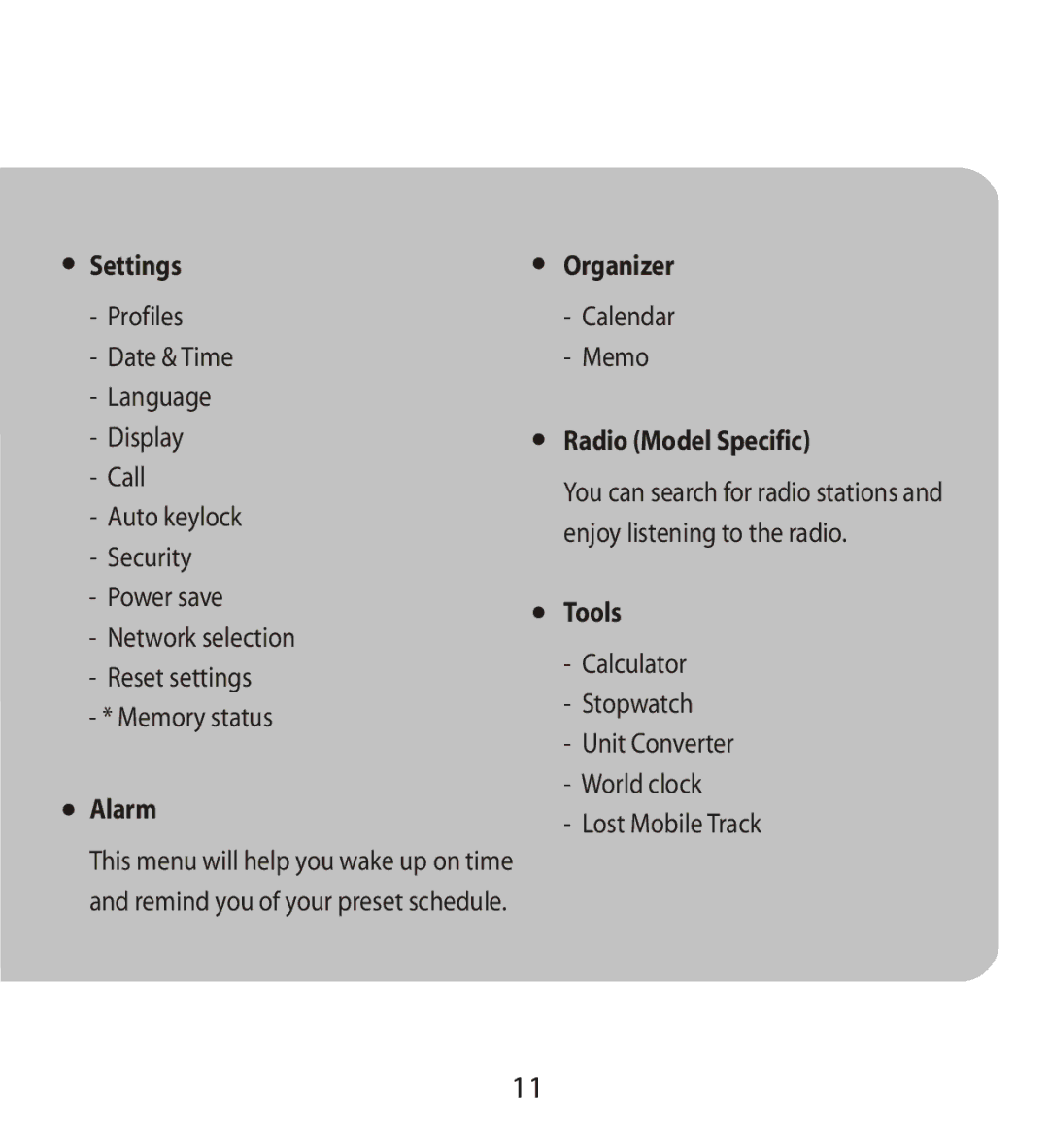 LG Electronics MMBB0240811 manual Settings, Alarm, Organizer, Radio Model Specific, Tools 