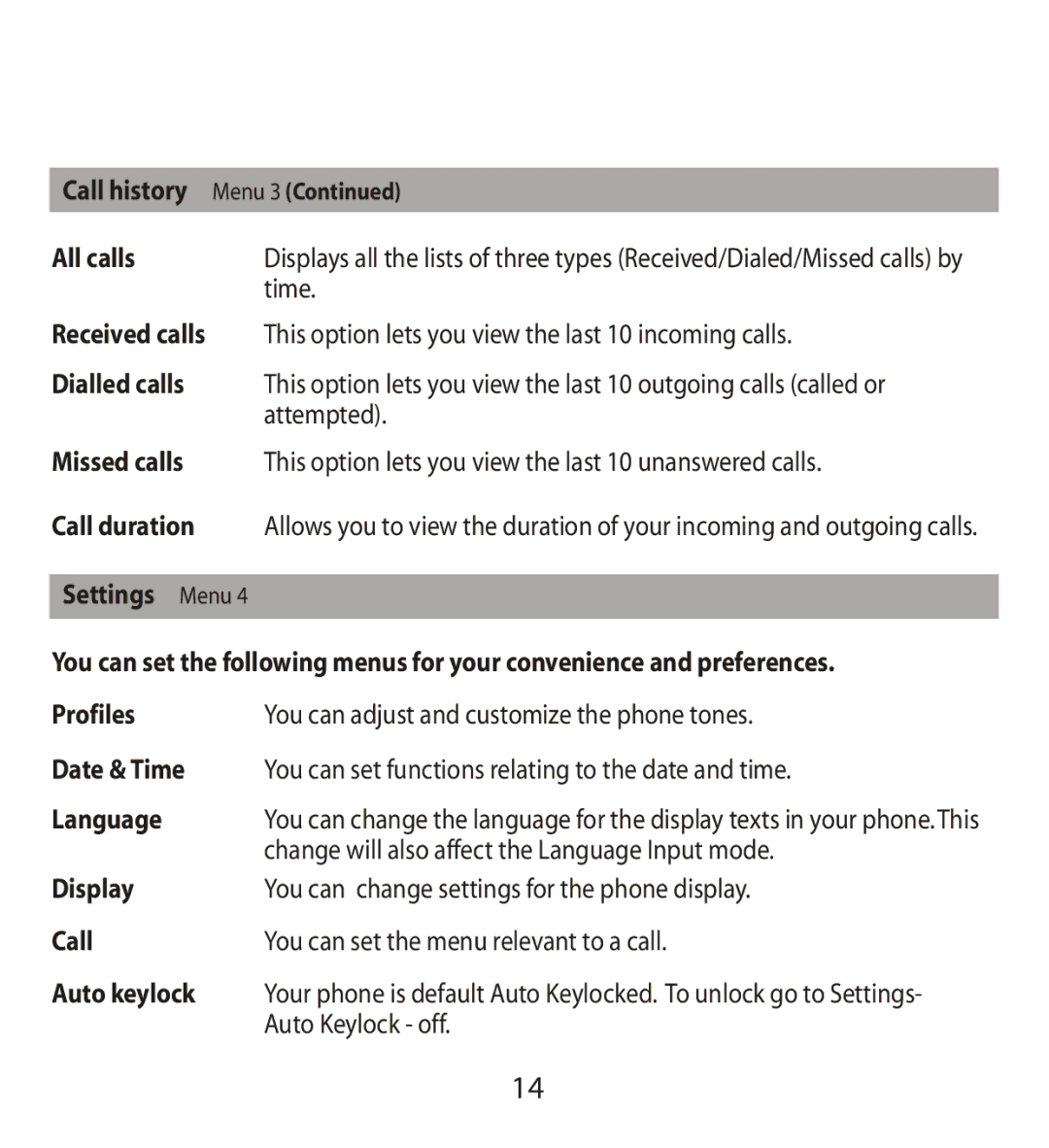 LG Electronics MMBB0240811 manual Call history Menu All calls, Time, Attempted, Settings Menu 