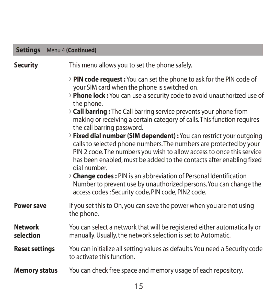 LG Electronics MMBB0240811 manual Security, Power save, Network, Selection 