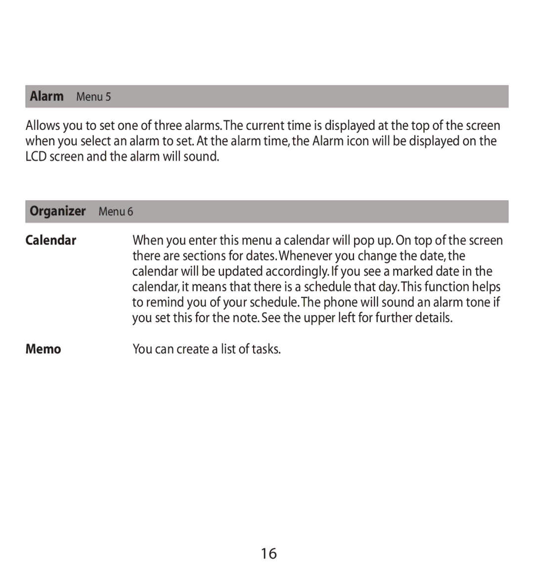 LG Electronics MMBB0240811 manual Alarm Menu, Calendar, Memo 