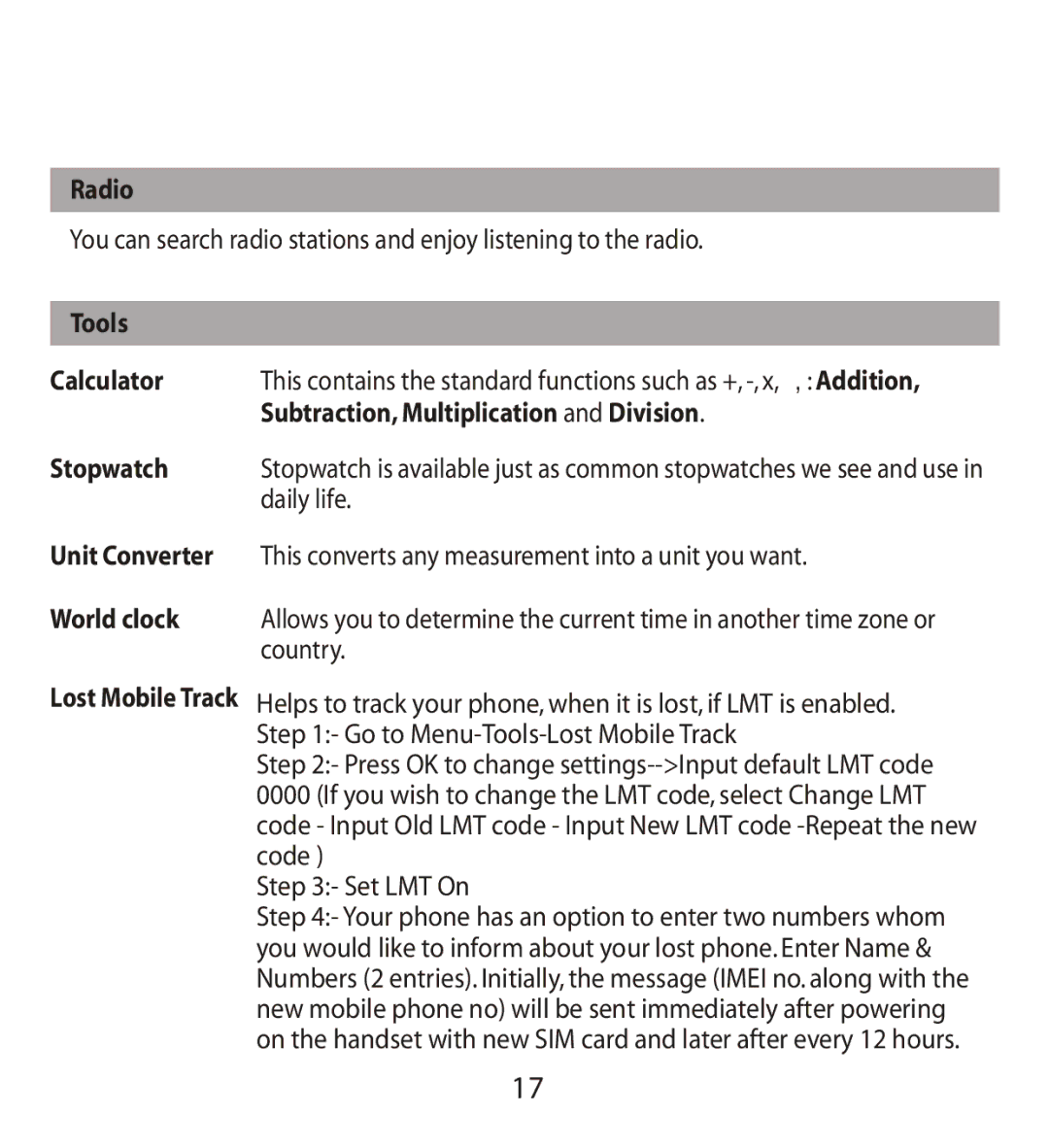 LG Electronics MMBB0240811 manual Radio, Tools Calculator, Subtraction, Multiplication and Division, Stopwatch, World clock 